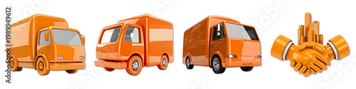 Three orange delivery trucks and a handshake with building box truck vehicle