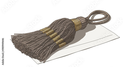 A detailed illustration of a decorative brown-grey tassel with golden accents, lying on a white surface.