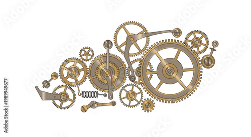 Intricate collection of brass and gold mechanical gears, cogs, and clockwork components on a white background.
