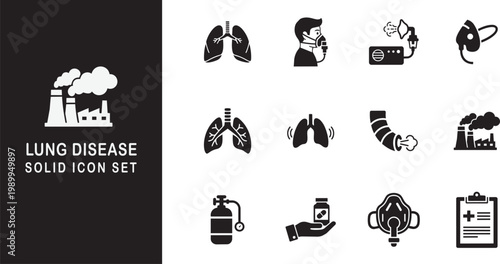 Lung disease solid icon set, medical respiratory system symbols for healthcare, asthma, pollution, oxygen therapy, and treatment