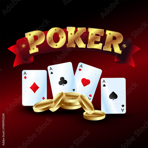 Golden Poker Emblem with Red Ribbon and Four Ace Cards over Pile of Coins on Dark Background