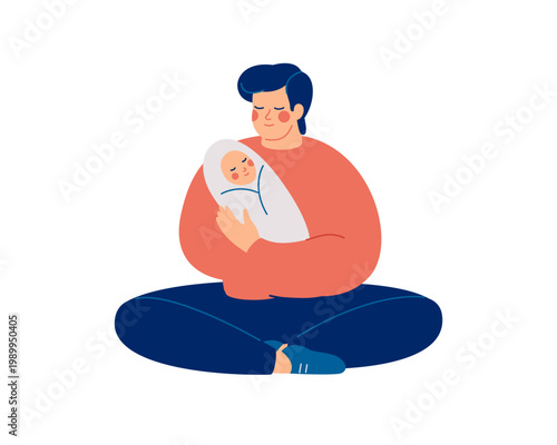 Young father holds his newborn baby with care and love. Happy Fathers Day concept with dad and small baby on his hands isolated on white background. Vector illustration