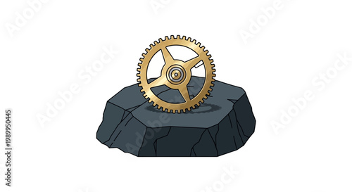 A golden gear mechanism resting on a dark grey rock against a plain white background, symbolizing technology and natural elements.