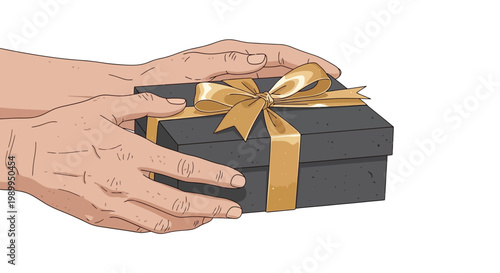 Close-up of two hands holding a dark gift box with a golden ribbon and bow, presenting a present for a special occasion.