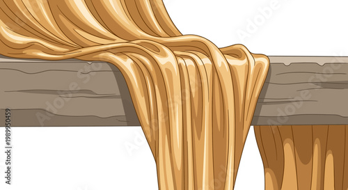 Golden viscous liquid, possibly honey or syrup, flowing over a rustic wooden beam against a white background.