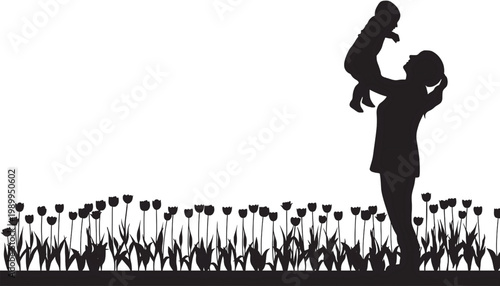 Woman silhouette with bouquet of flowers as black garden graphic for romantic themed poster and background
