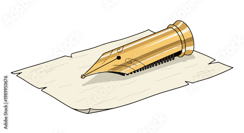 A golden fountain pen nib resting on a piece of aged parchment paper.