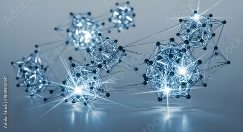 Vibrant digital art depicts glowing blue molecular structures connected by lines on a gradient background