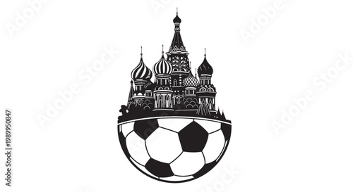 Foto Soccer ball with illustrated Kremlin landmark silhouette and traditional onion d