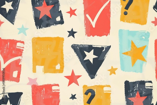 Colorful seamless pattern featuring stars, check marks, and question marks within various geometric shapes, creating a dynamic and playful design