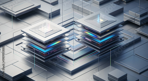 A futuristic 3D artwork depicting stacked layers of technology with glowing blue lines in a metallic environment.
