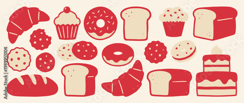 Delightful Array of Sweet and Savory Baked Goods Icons in Red and Cream