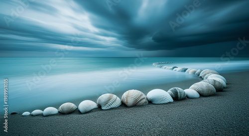 A dramatic and powerful minimalist fine art photograph of a serene beach with seashells on the sand under a stormy sky.