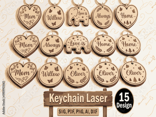 Laser cut keychain designs, wooden keychains, customizable charms, heart shapes, elephant shapes