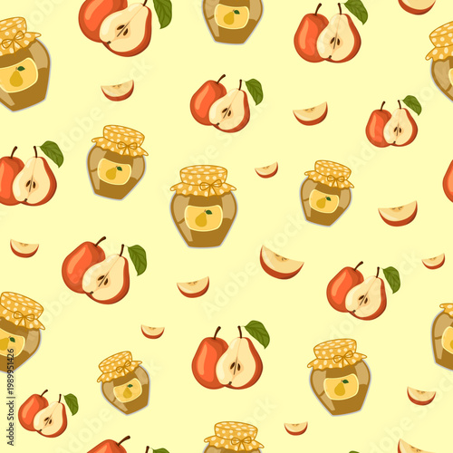 Seamless vector pattern with ripe pears and pear jam jars on yellow background.