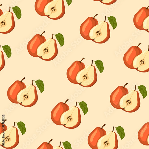 Seamless vector pattern with ripe red and orange pears and slices on beige background.
