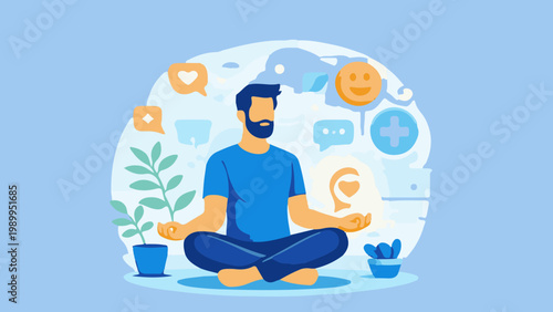 cartoon illustration of a person doing yoga in lotus pose with business and technology elements