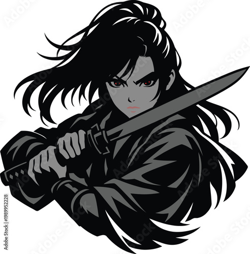 Japanese samurai warrior anime vector illustration, black and white manga style swordsman with katana, fierce ronin character art for gaming
