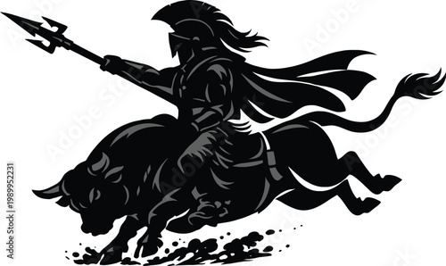 Spartan warrior riding a bull silhouette, ancient gladiator with spear and cape on charging animal, black vector mascot for sports and gaming