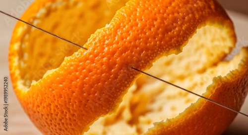 Thin metal wire passing through a fresh orange peel, conceptual minimalist food photography