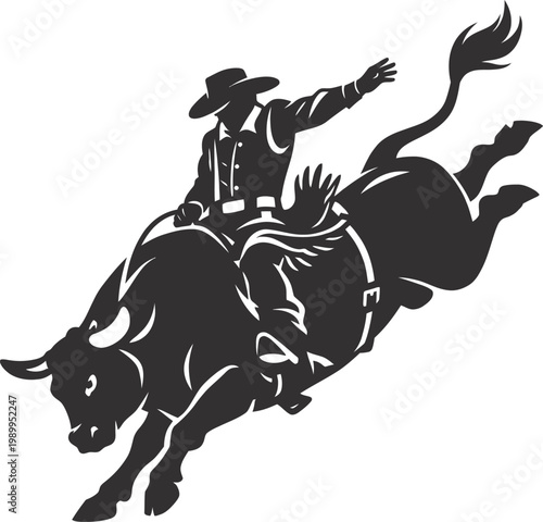 Vintage rodeo bull rider silhouette, western cowboy riding bucking bull vector, black and white ranch sport illustration for logo design