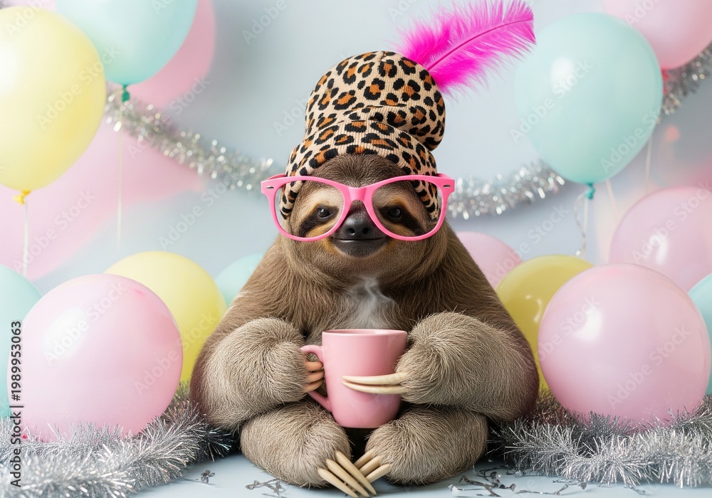 Fototapeta premium Funny sloth in pink glasses and leopard hat holding a coffee mug with balloons and tinsel
