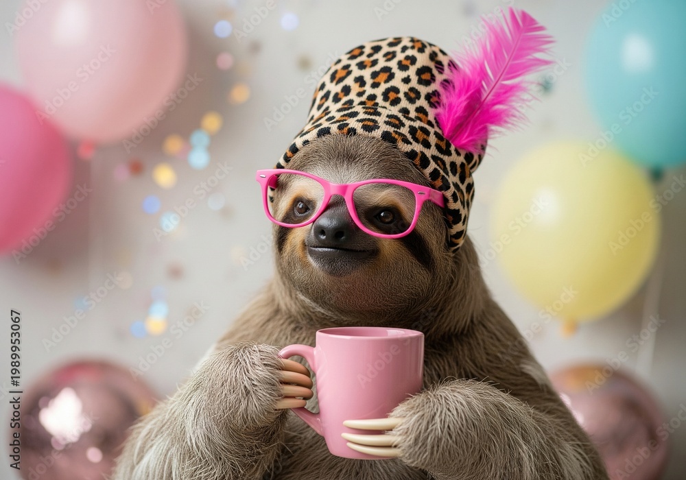 Fototapeta premium Whimsical sloth wearing a leopard print hat and pink glasses, holding a pink mug