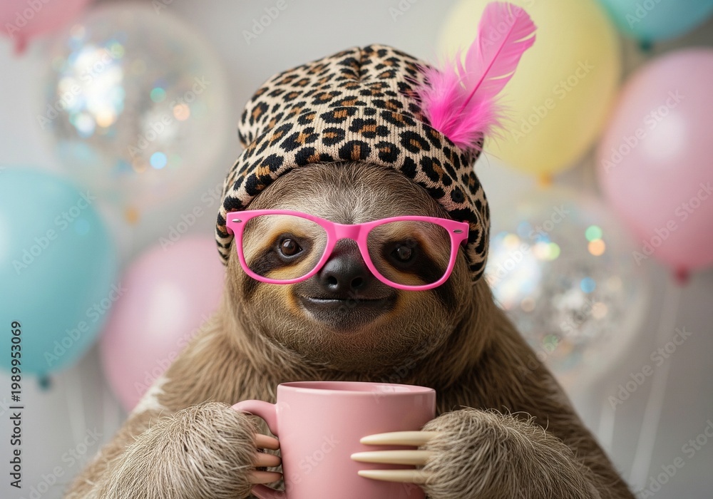 Fototapeta premium A whimsical sloth wearing a leopard print beanie and pink glasses holds a pink mug, surrounded by balloons