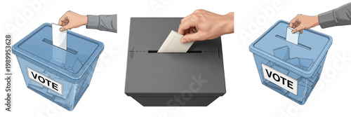 Billede på lærred Set and collection of voting box with ballot paper isolated on transparent PNG b