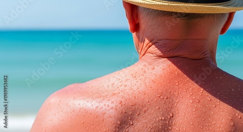Back view of sunburnt person with a hat at the beach; turquoise water blurred background