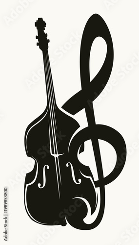Vector poster, logo or banner for a jazz music with a double bass and treble clef. Suitable for flyer, invitation, poster, cover, design element, advertising.