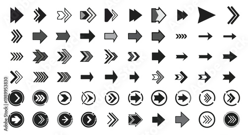Black and white vector icons set featuring flat arrow symbols and business web buttons for internet direction and cursor pointer design elements