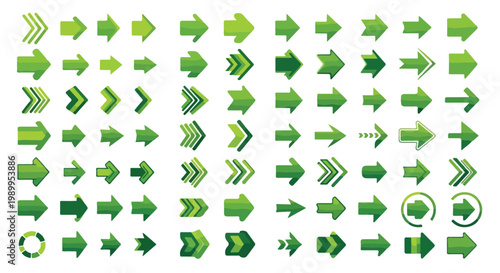 Set of green arrow icons and vector web symbols featuring a collection of directional pointers for business and internet design elements