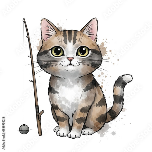 Cute cat sitting with fishing rod.