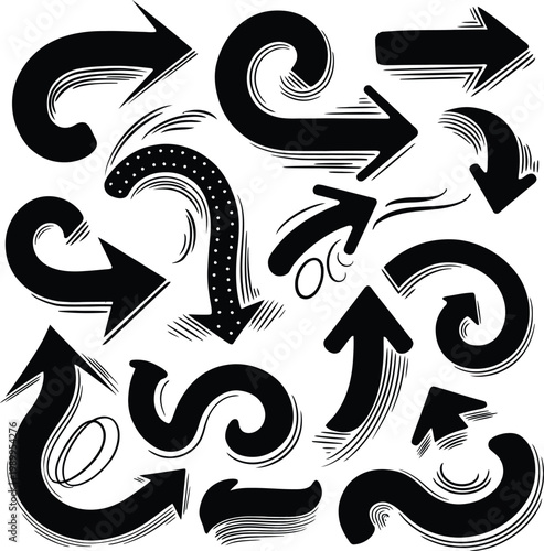 Hand drawn brush stroke arrows vector set, grunge black sketch directional pointers collection