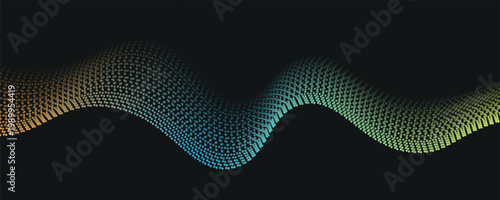 Flowing dots particles wave pattern pink and blue isolated on black, background. Vector in concept of technology, science, music, vector