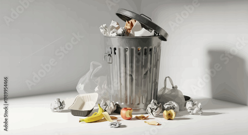 Trash can overflowing with garbage including food waste and crumpled paper on the floor around it