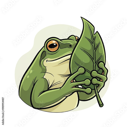 Green Frog Holding Large Leaf.