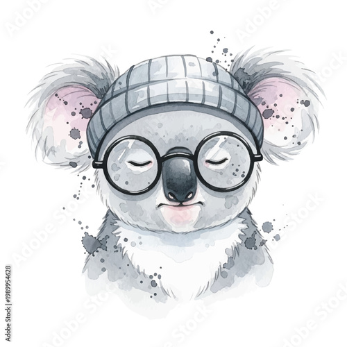 Smiling Koala Wearing Glasses and Beanie.