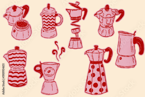 Coffee maker set collection with moka pot espresso maker kettle and coffee cup in hand drawn doodle style for cafe branding and packaging