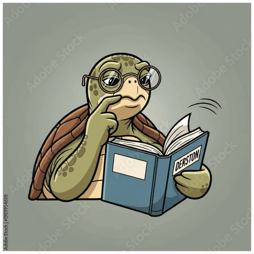 Turtle wearing glasses reading book.