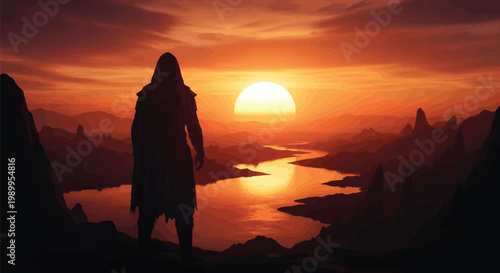 A hooded figure stands on a cliff overlooking a serene landscape at sunset with a river