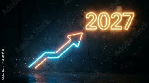 Neon sign showing number 2027 with glowing arrow indicating upward financial trend. Abstract business growth concept for New Year celebration in dark room setting.