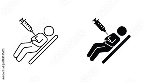Medical injection procedure icon set showing patient receiving treatment with syringe in outline and solid black graphic style for healthcare and clinical services concepts