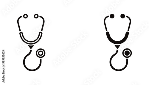 Professional medical stethoscope icon set in outline and solid black style for doctors and healthcare diagnostic equipment visual representation