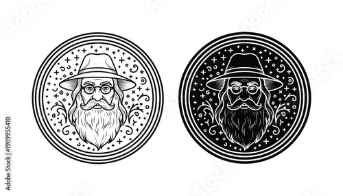 Wise wizard portrait in circular frame with mystical symbols vector illustration set featuring line art and solid black graphic styles for fantasy projects