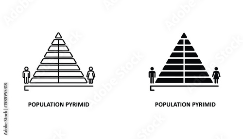 Population pyramid chart infographic icon with gender symbols in outline and solid black style for demographic data analysis and social statistics presentation