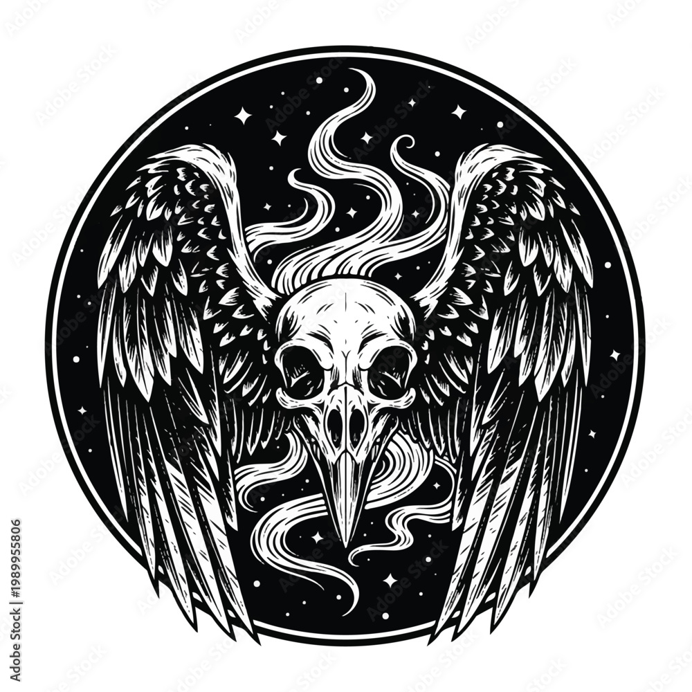 Fototapeta premium Black and white illustration bird skull.