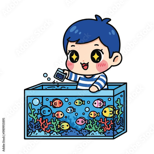 Boy playing with toy in aquarium.