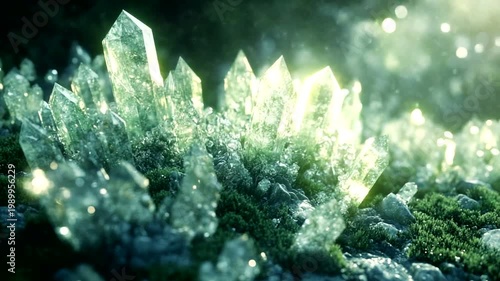 Sparkling Crystals on Mossy Ground in Nature Scene
